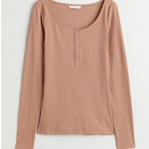 H&M Ribbed Henley Long Sleeve Top Brown Size M